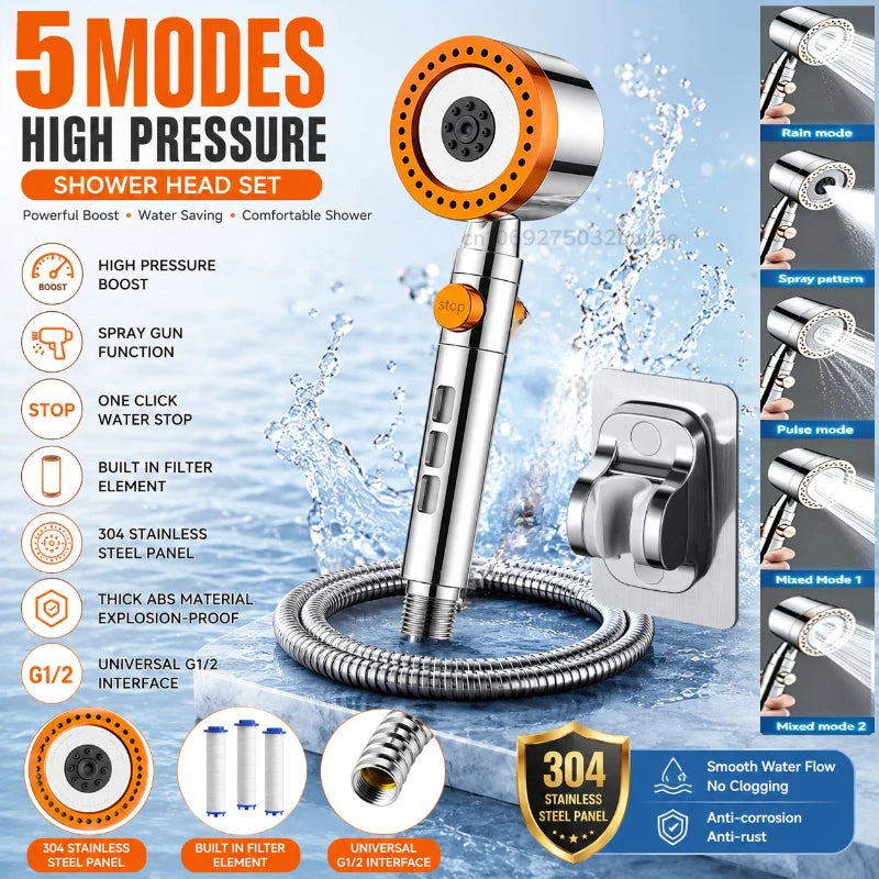 Shower Head Filter One-click Stop Metal Appearance-easy To Clean Fine Spray on The Outer Ring Strong Water Column in The Center
