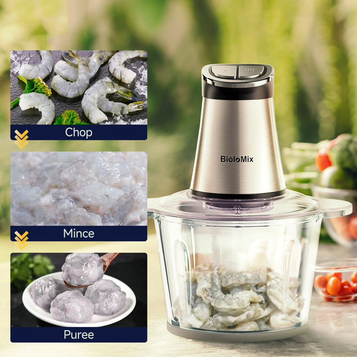 BioloMix Mini Electric Food Chopper, 300W, features 2 bowls and 4 blades, perfect for preparing baby food, meat, and onions