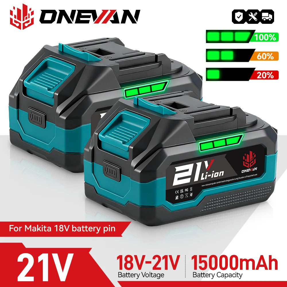 Batterie au lithium ONEVAN 21V, capacité 22500mAh 15000mAh, batterie ionique avec indicateur, outil électrique rechargeable pour batterie Makita 18V