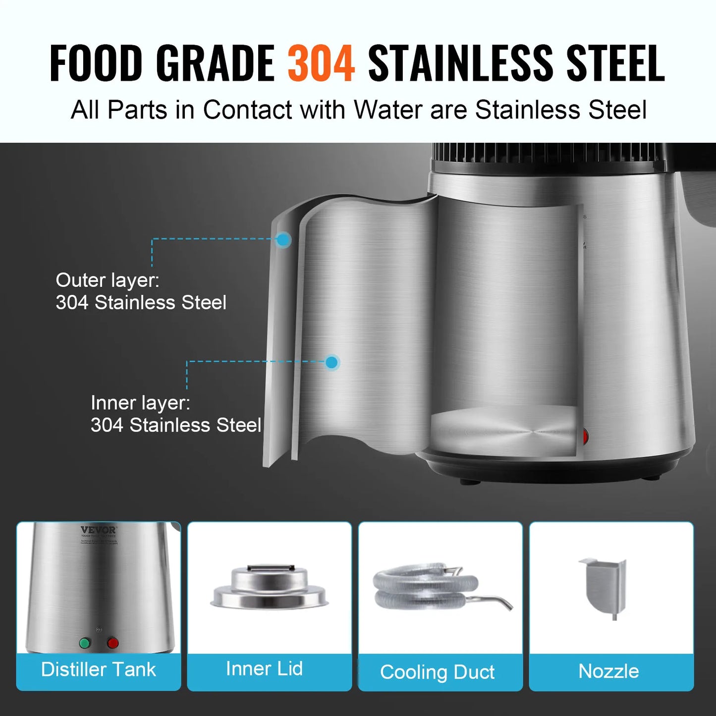 Succebuy Water Distiller 4L 1.05 Gallon Pure Water Purifier Filter For Home Countertop750W Distilled Water Maker Stainless Steel