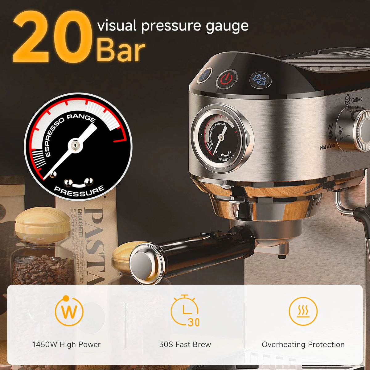BioloMix 20 Bar Halfautomatische Koffiemachine met Melkopschuimer voor Espresso, Cappuccino, Latte, Mokka en Speciale Koffiedranken