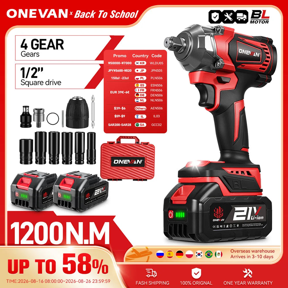 ONEVAN Clé à chocs électrique sans balais 1200 N.m, couple de 1/2 pouce, tournevis sans fil, outil électrique pour batterie Makita 18 V