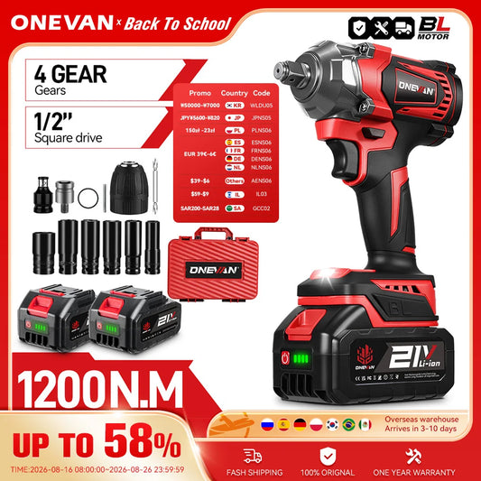 ONEVAN 1200N.M Torque Brushless Electric Impact Wrench 1/2Inch Cordless Wrench Screwdriver Power Tool For Makita 18V Battery Pin