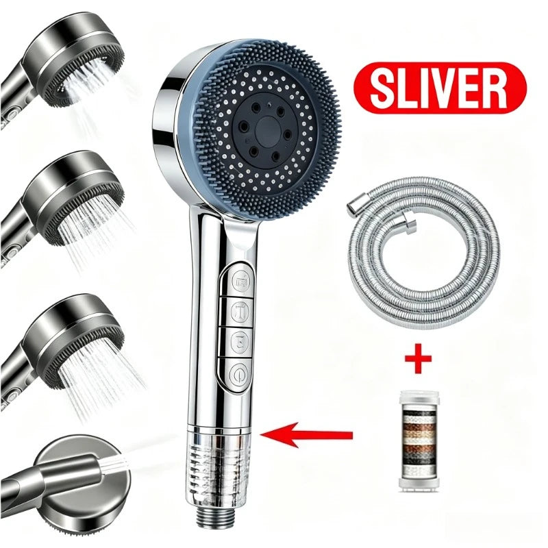 High Pressure Shower Head 4 Modes Handheld Body Brush Chlorine Removal Filter Large Flow Water Saving Showerhead for Bathroom