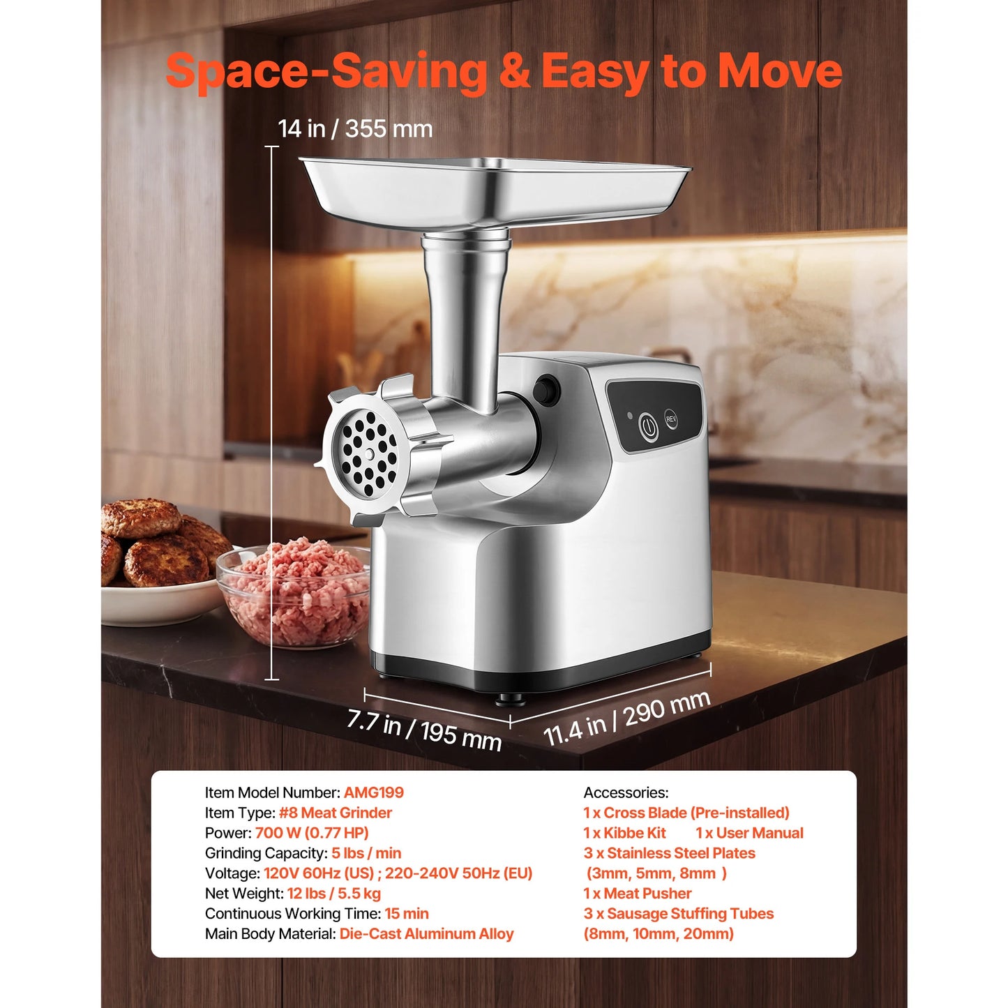 SucceBuy Electric Meat Grinder #8/#12 Meat Mincer with Grinding Plates 700W/0.77HP / 750W/1HP Sausage Stuffer Maker for Kitchens