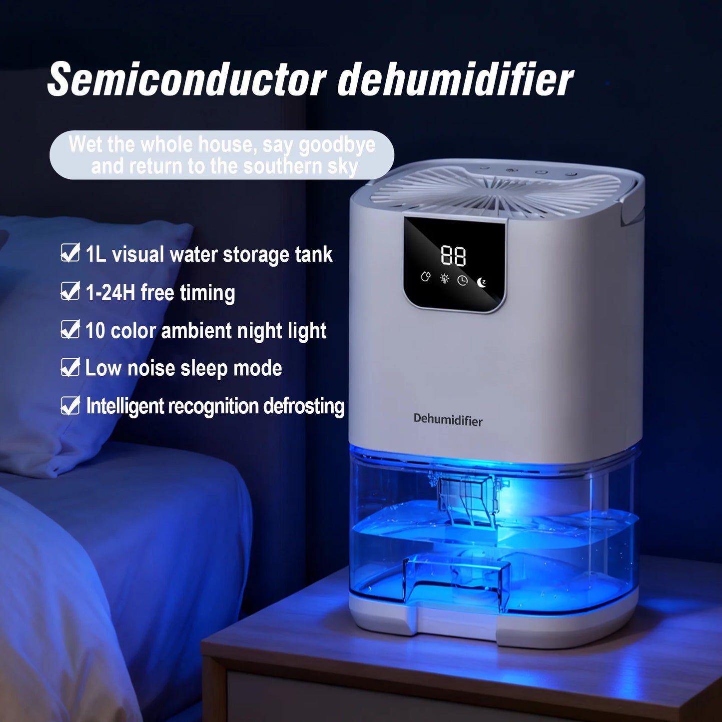 Air DehumidifierCapacity Humidity Dehumidifier with Digital Display Night Light Home Dehumidifier Air Dryer for Bathroom Toilet