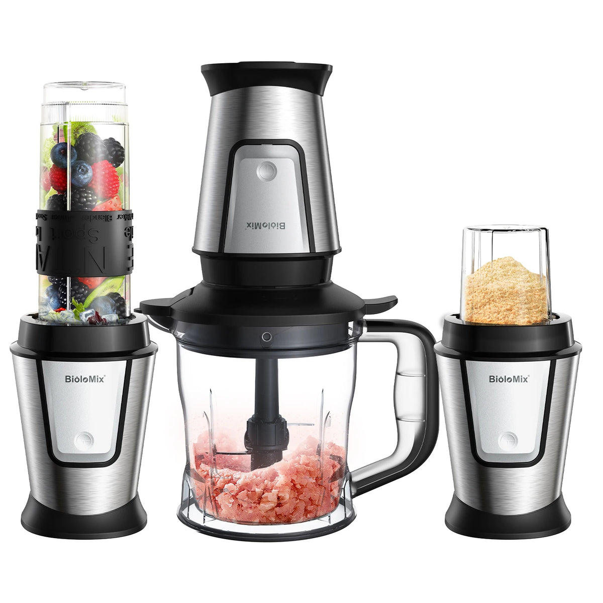 Blender compact BioloMix 700W 3-en-1, centrifugeuse, robot culinaire et moulin à sec, parfait pour préparer des jus frais et des trempettes