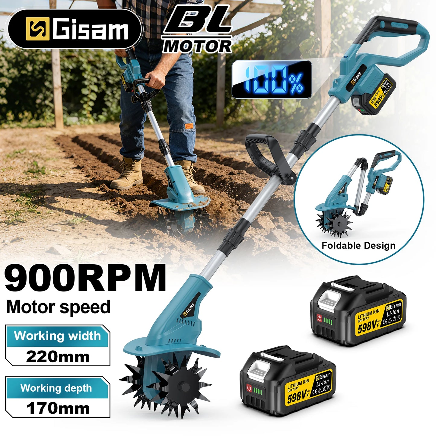 Gisam Brushless Electric Garden Tiller Lawn Mower Rototiller For Soil Cultivation Garden Power Tool For Makita 18v Battery Pin