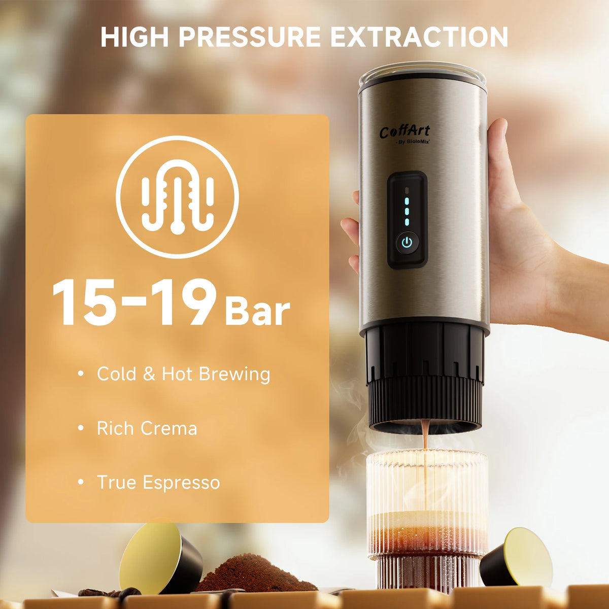 BioloMix Draagbaar Koffiezetapparaat 3-in-1 USB/12V Reis-espressomachine voor Nespresso Dolce Gusto-cups en gemalen koffie