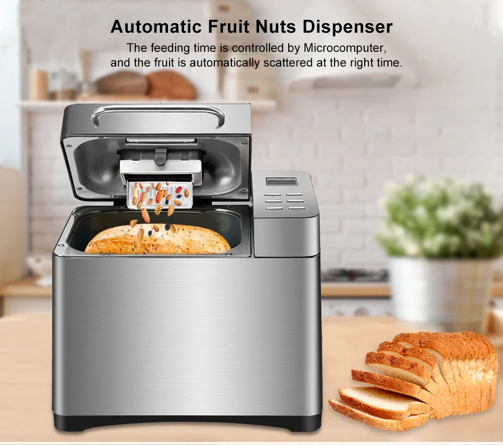 Biolomix 1KG 19-in-1 RVS Automatische Broodbakmachine 650W Programmeerbaar met Fruit- en Notendispenser Keukenapparaat