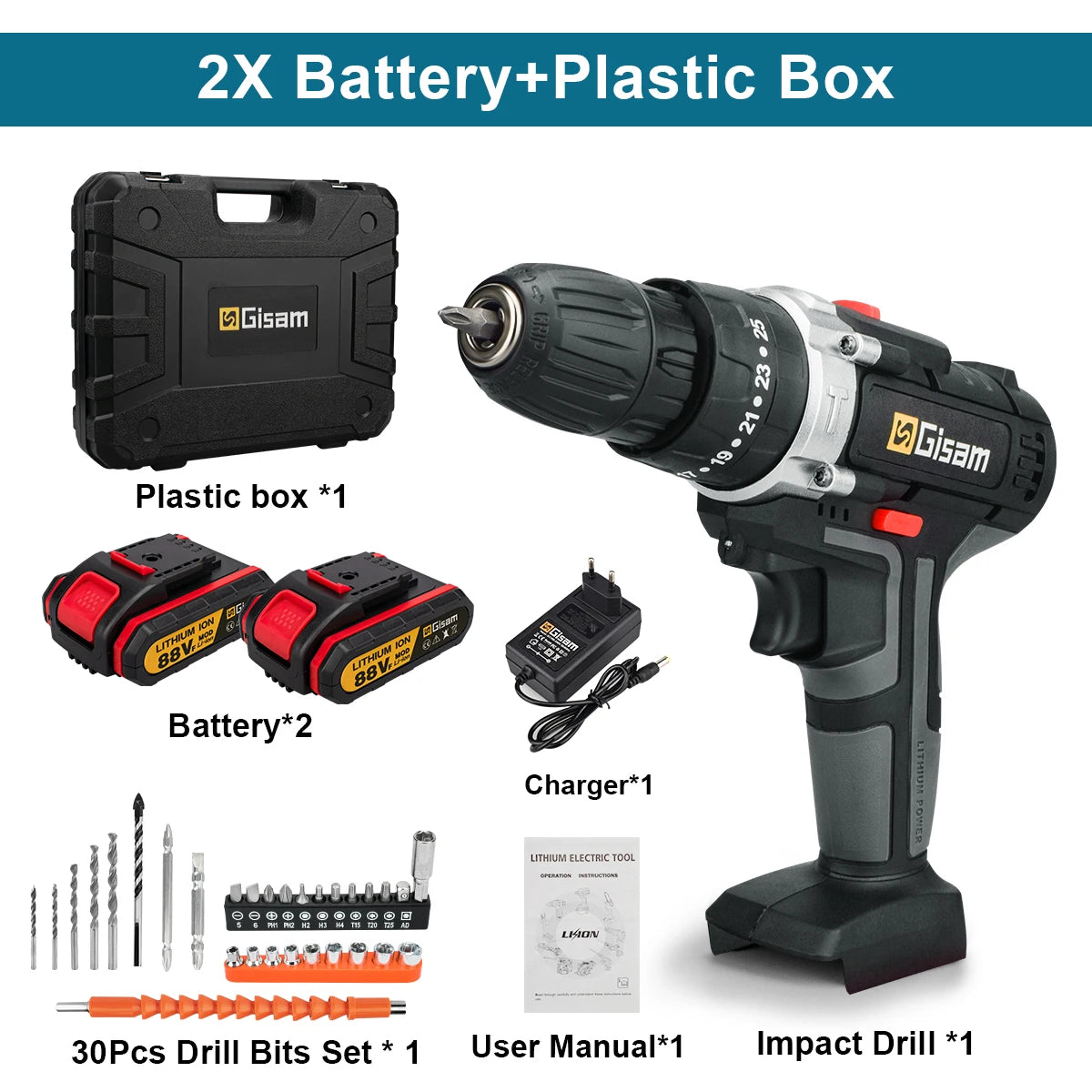 Gisam Tournevis électrique sans fil 25+3 couple, perceuse électrique multifonction, outils électroportatifs pour bricolage à domicile, batterie lithium-ion