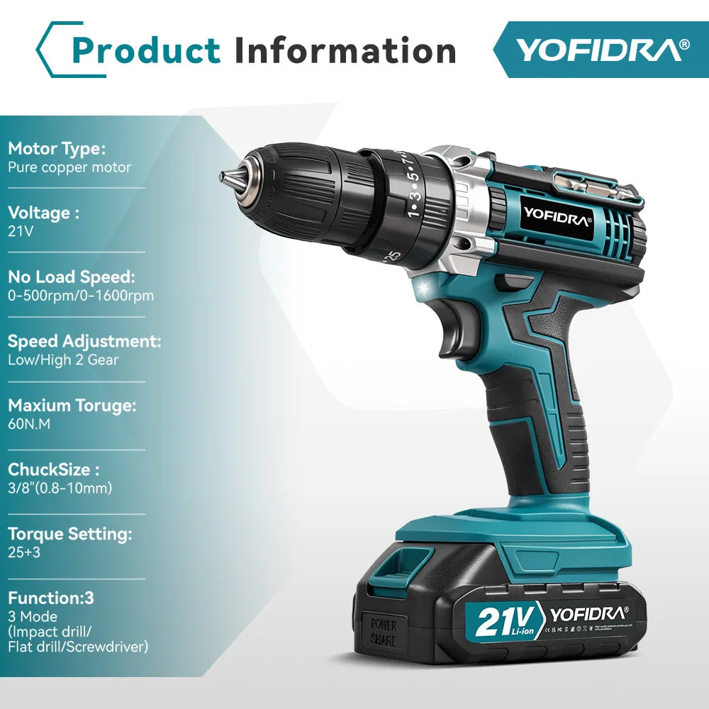 YOFIDRA 25+3 Torque Cordless Electric Impact Drill Multifunction Screwdriver Househeld DIY Power Tool For Makita 21V Battery Pin