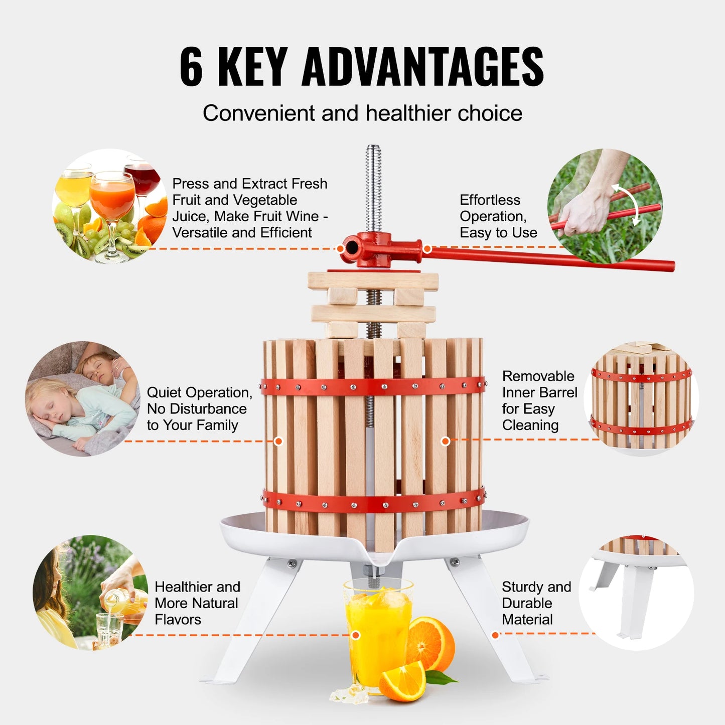 SucceBuy 6-18L Fruit Wine Press Solid Wood Basket  6 or 8 Blocks Manual Juice Maker with Pole Handle Bar for Kitchen and Home