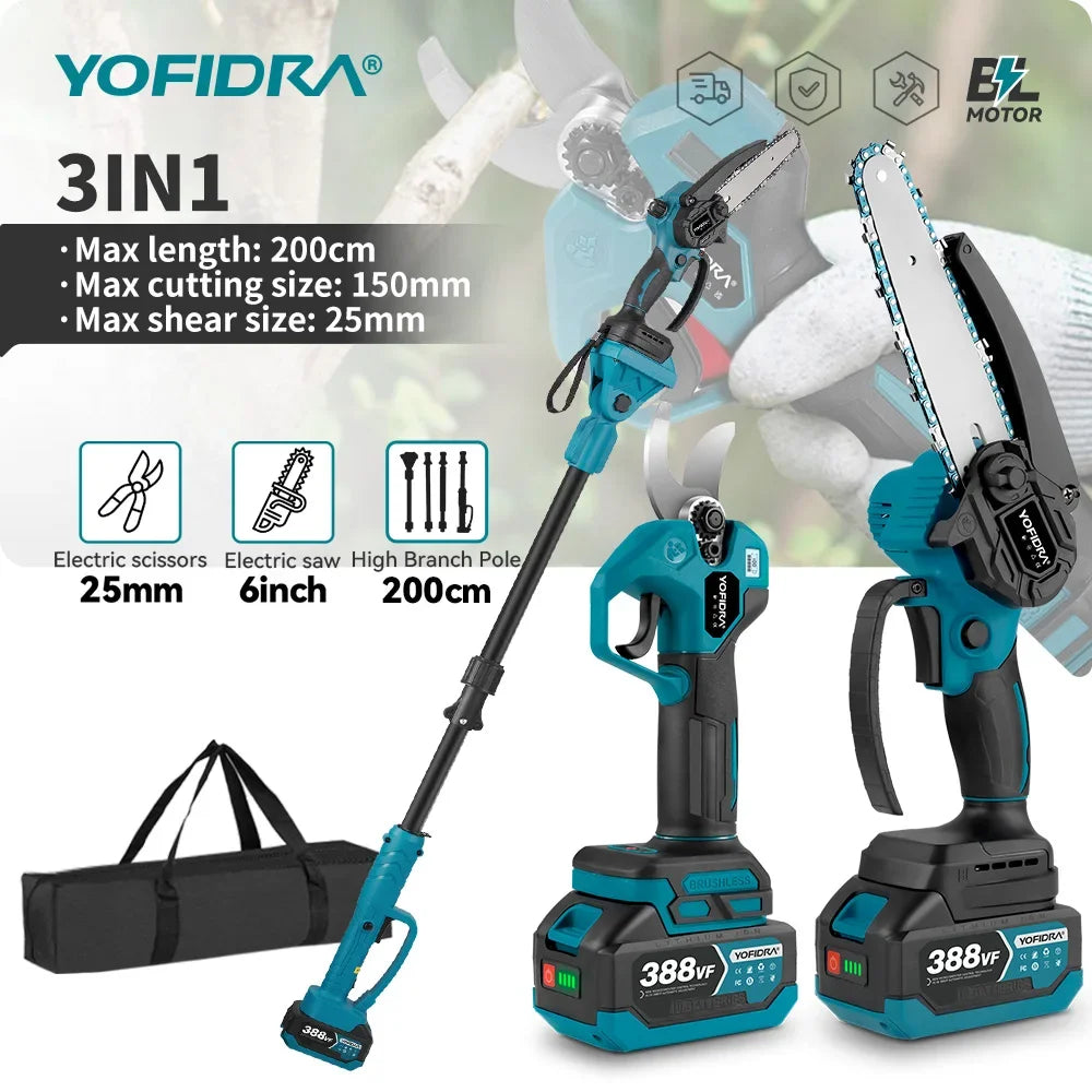 YOFIDRA Borstelloze elektrische kettingzaag met telescopische steel, 3-in-1 takkenzaag voor houtbewerking en snoeien, elektrisch gereedschap voor Makita-accu