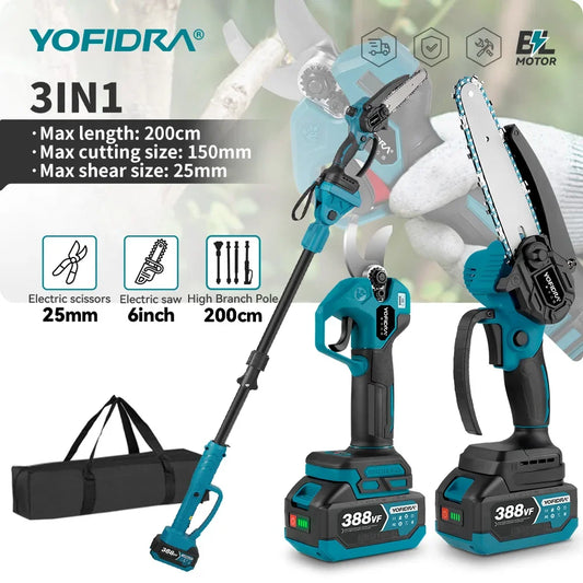 YOFIDRA Brushless Electric Chainsaw Telescoping Pole 3IN1 High Branch Saw Woodworking Pruning Power Tool For Makita Battery Pin