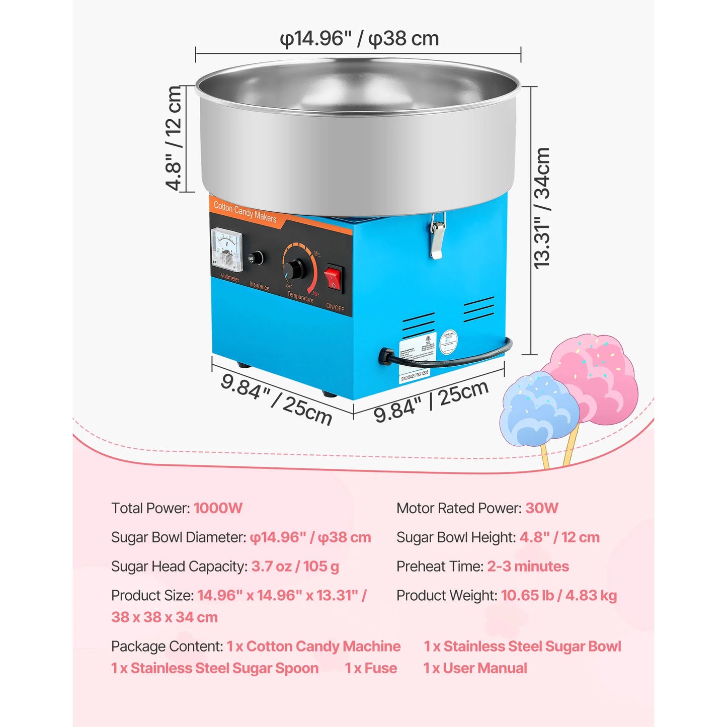 SucceBuy Cotton Candy Machine Commercial 1000W Electric Candy Floss Maker Easy Use with 15 inch Stainless Steel Bowl for Kids