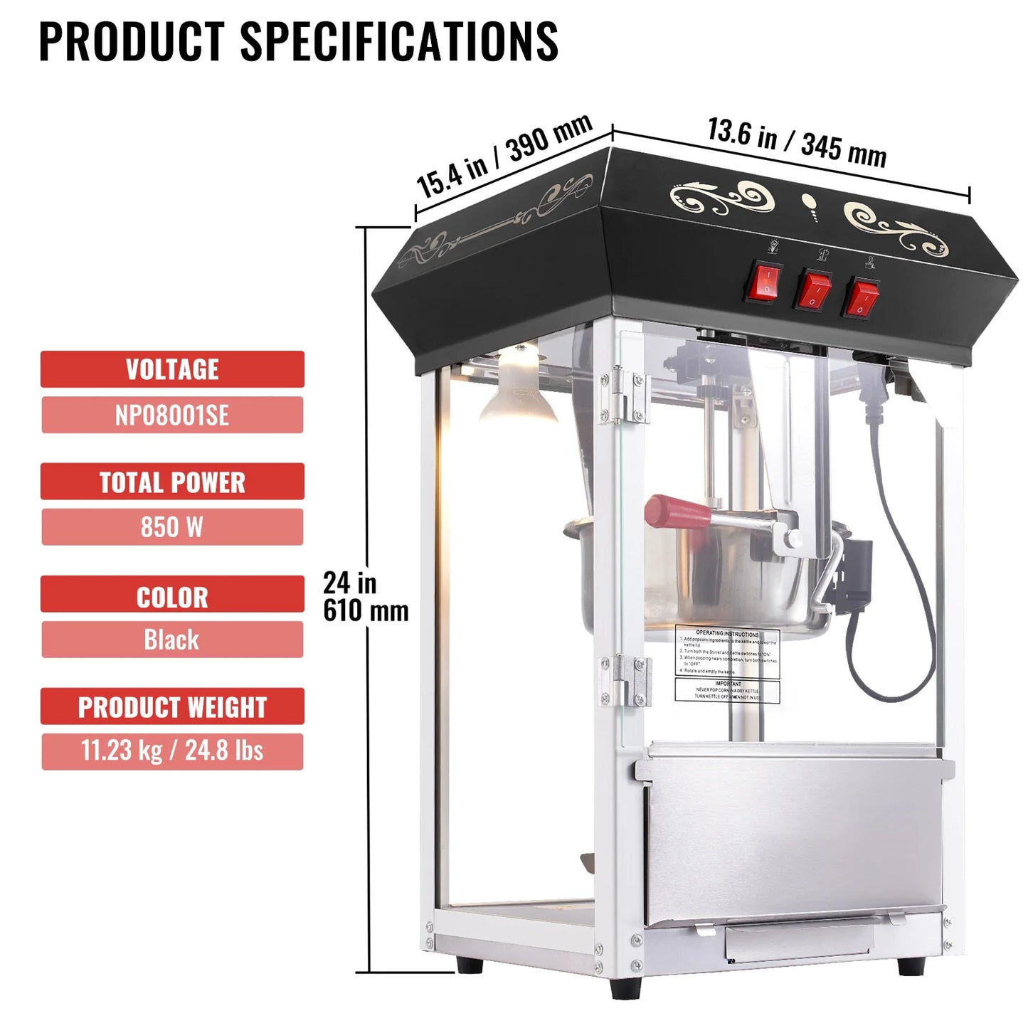 SucceBuy Popcorn Maker 850W Popcorn Popper Machine 8 Oz Kettle Makes 48 Cups per Batch Countertop Popcorn Maker for Commercial