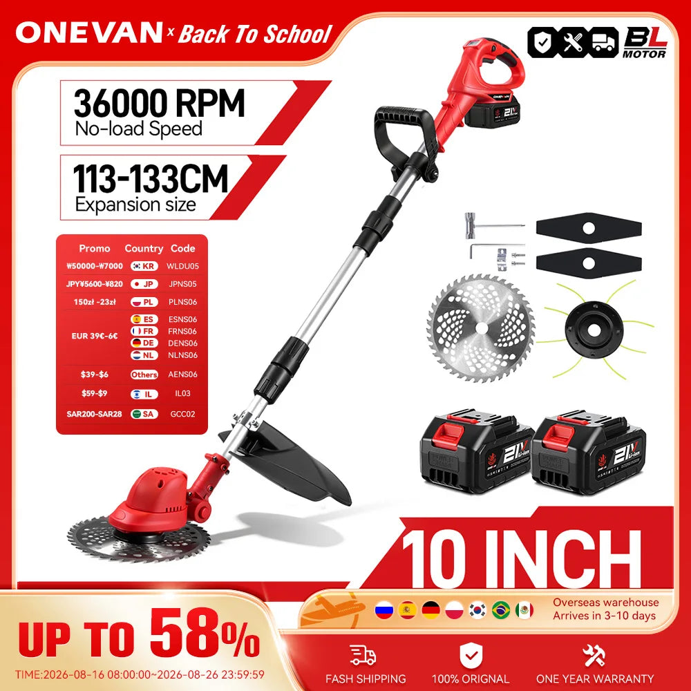 ONEVAN 10-inch borstelloze elektrische grasmaaier snoerloos 36000 tpm grassnijder in lengte verstelbaar tuingereedschap voor Makita 18V-accu