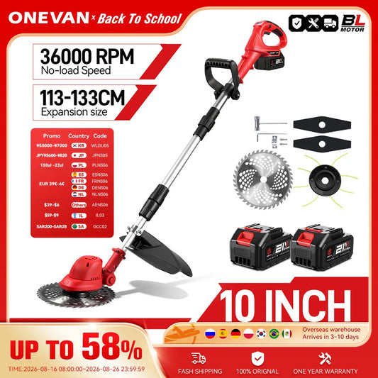 ONEVAN 10Inch Brushless Electric Lawn Mower Cordless 36000RPM Grass Trimmer Length Adjustable Garden Tool For Makita 18V Battery