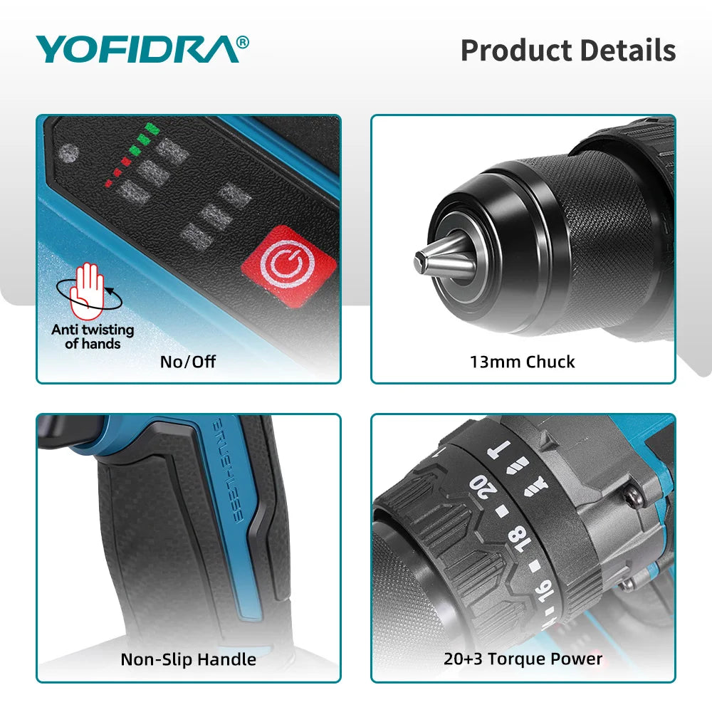 YOFIDRA 900N.M 13MM Brushless Electric Impact Drill 20+3 Torque Handheld Drilling Screwdriver Power Tool For Makita Battery Pin