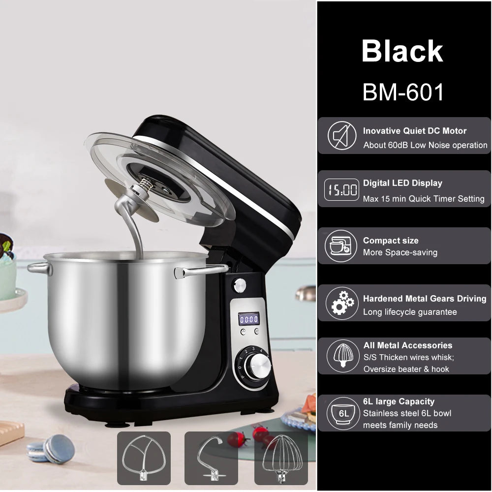 Robot pâtissier multifonction BioloMix 6 vitesses, moteur silencieux 1200W CC, bol en acier inoxydable de 6L avec fouet, batteur et crochet pétrisseur