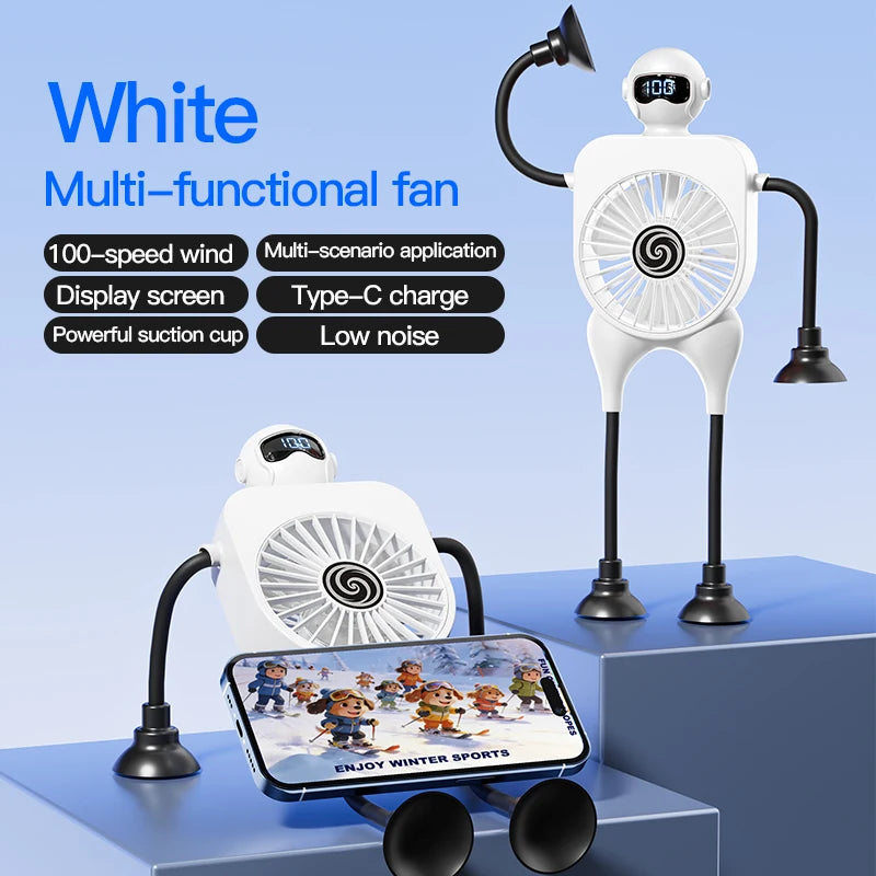 Mini 2-in-1 USB Cartoon Fan with Suction Cup & Digital Display - Perfect Phone Holder for Desktop Fun!