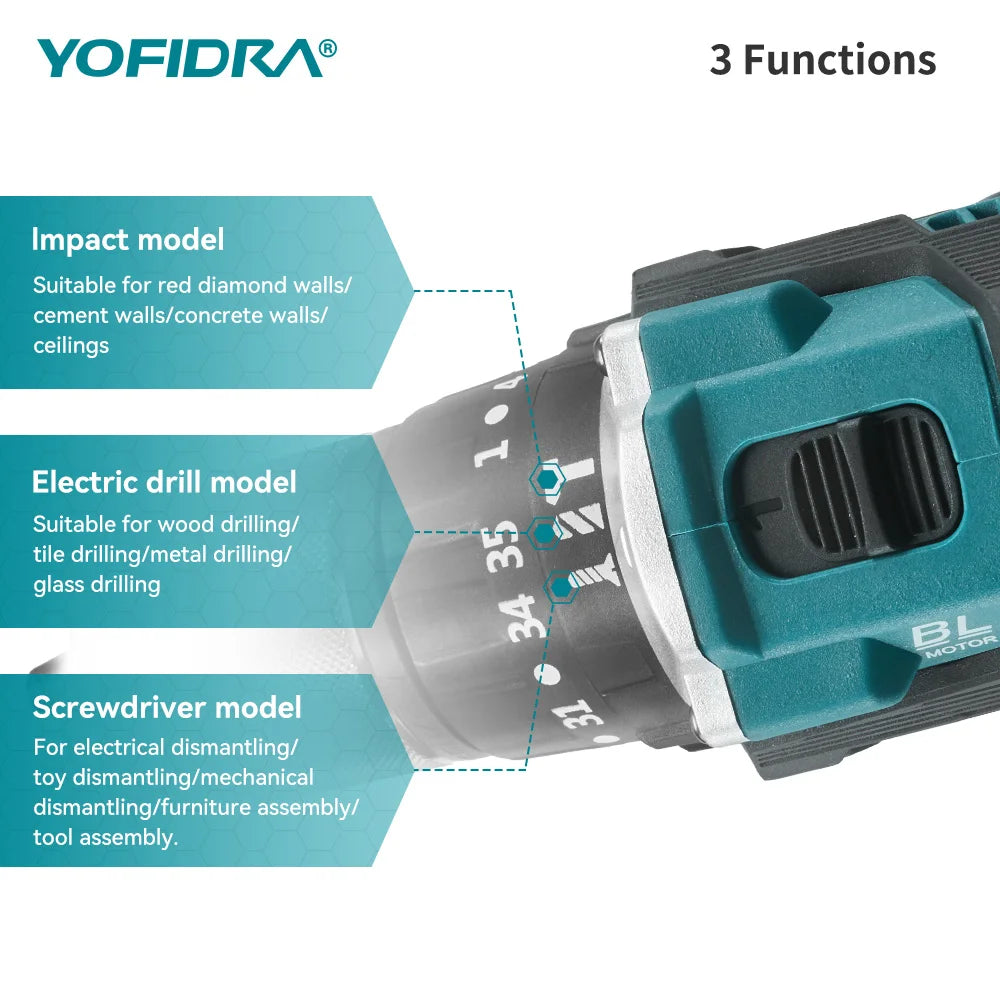 YOFIDRA 13MM Borstelloze Elektrische Slagboormachine 35+3 Koppel Snoerloze Houtbewerkingsschroevendraaier Elektrisch Gereedschap voor Makita Accu Pin