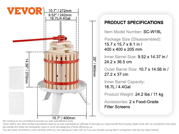 SucceBuy 6-18L Fruit Wine Press Solid Wood Basket  6 or 8 Blocks Manual Juice Maker with Pole Handle Bar for Kitchen and Home