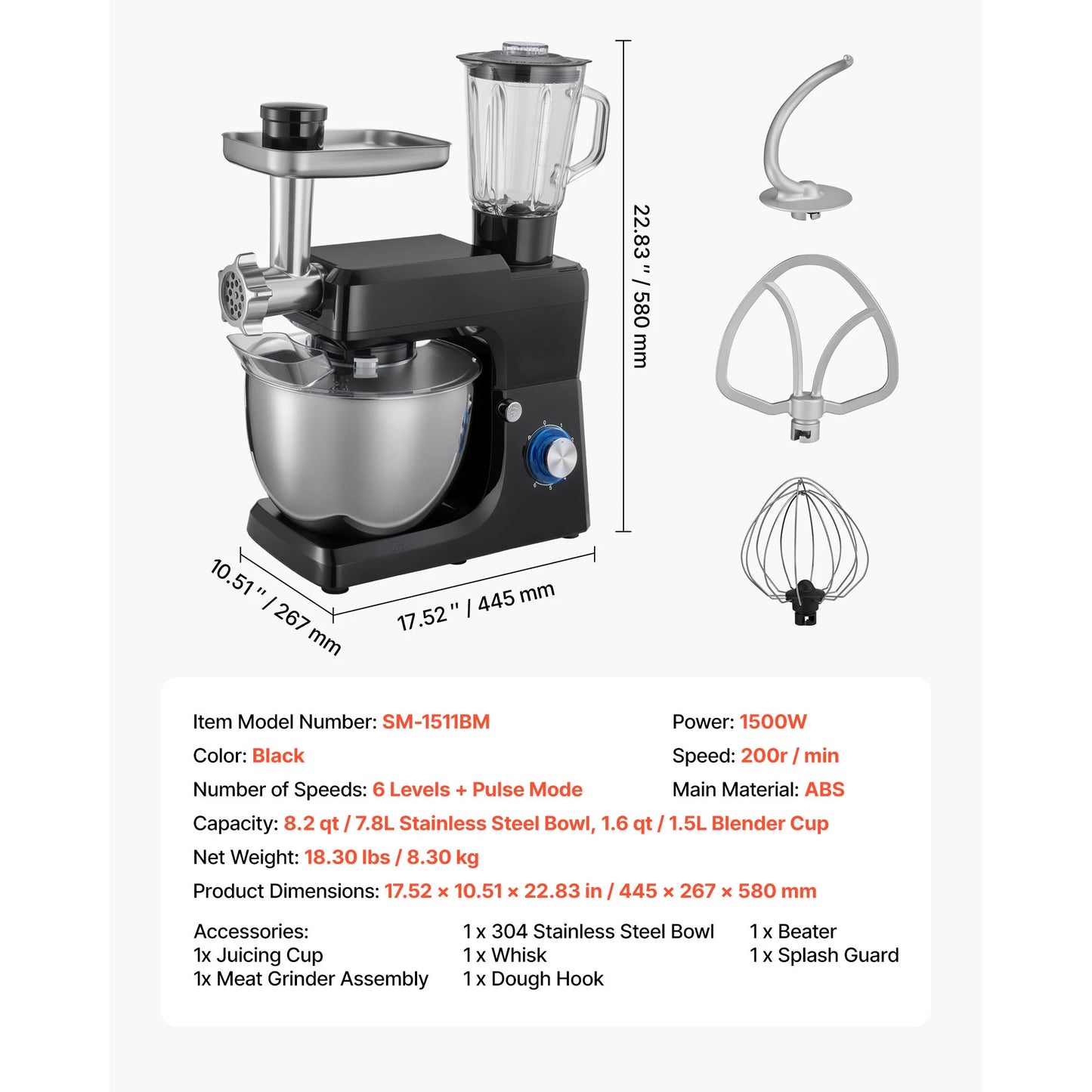 SucceBuy  5.7/6/7.8L Stand Mixe Electric Kitchen Mixer 1500W Dough-Mixer, 6+P Speeds Tilt-head Food-Mixer with 1.5 L Blender Cup