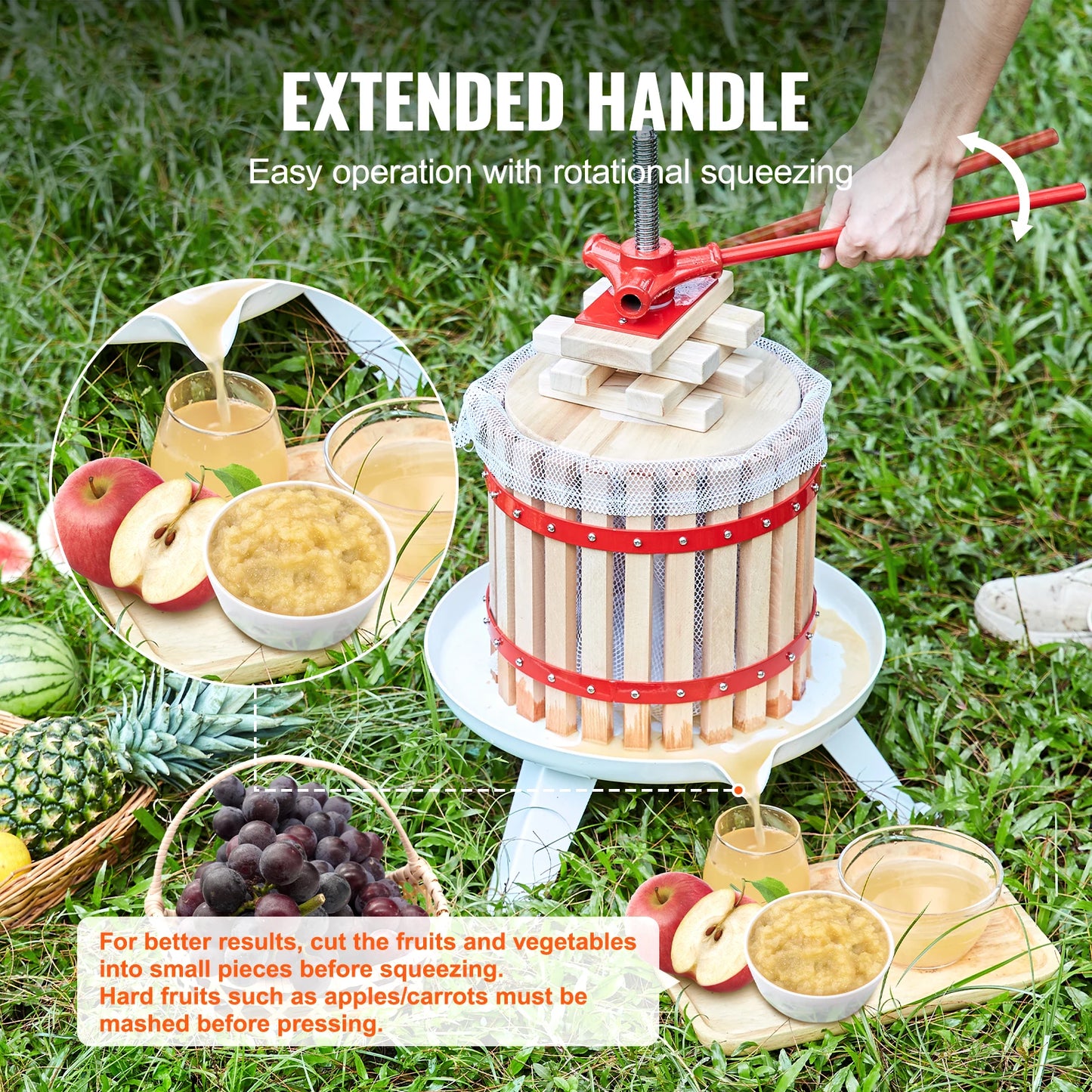 SucceBuy 6-18L Fruit Wine Press Solid Wood Basket  6 or 8 Blocks Manual Juice Maker with Pole Handle Bar for Kitchen and Home