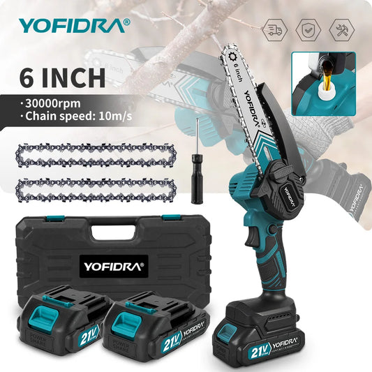 YOFIDRA  6 Inch 30000RPM Electric Chainsaw Portable Chain Saw Garden Woodworking Cutting Power Tool For Makita 21V Battery Pin