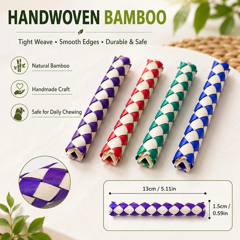 4PCs Bamboo Bird Chew Toys Woven Parrot Bite Toy Colorful Bird Cage Accessories for Budgies Cockatiels Parakeets Beak Grinding