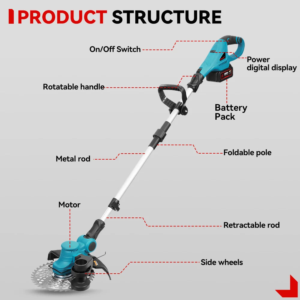 ONEVAN Borstelloze Elektrische Grasmaaier 36000RPM Grastrimmer 90° Verstelbaar Opvouwbaar Tuingereedschap voor Makita 18V Accu