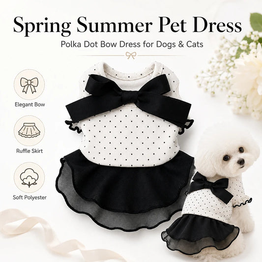 Spring Summer Pet Dress Polka Dot Bow Ruffle Skirt Dog Cat Clothes for Toy Poodle Bichon Pomeranian Puppy Outfit Pet Supplies