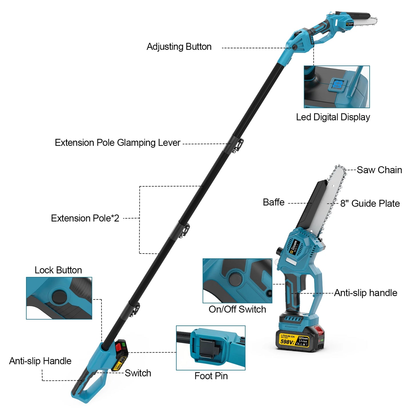 Gisam 2in1 Brushless Telescoping Pole Electric Chainsaw Cordless Garden Pruning Tool High Branch Saw for Makita 18V Battery Pin