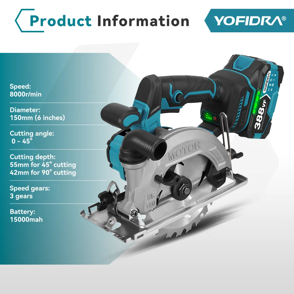 YOFIDRA 6Inch Brushless Electric Circular Saw Handheld Wood PVC Pipe Cutting Tool With 55mm Cutting Depth For Makita Battery Pin