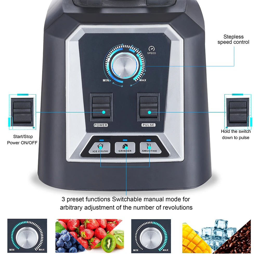 BioloMix Professionele Keukenblender Automatisch Programma 2L Laag Profiel BPA-vrij Smoothie Sapcentrifuge Ijsvergruizer Voedselmixer