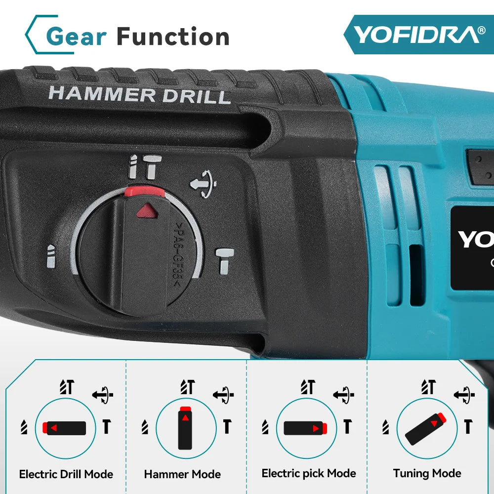 YOFIDRA 26mm Borstelloze Elektrische Boorhamer Snoerloze Multifunctionele Klopboormachine Elektrisch Gereedschap voor Makita 18-21V Accu