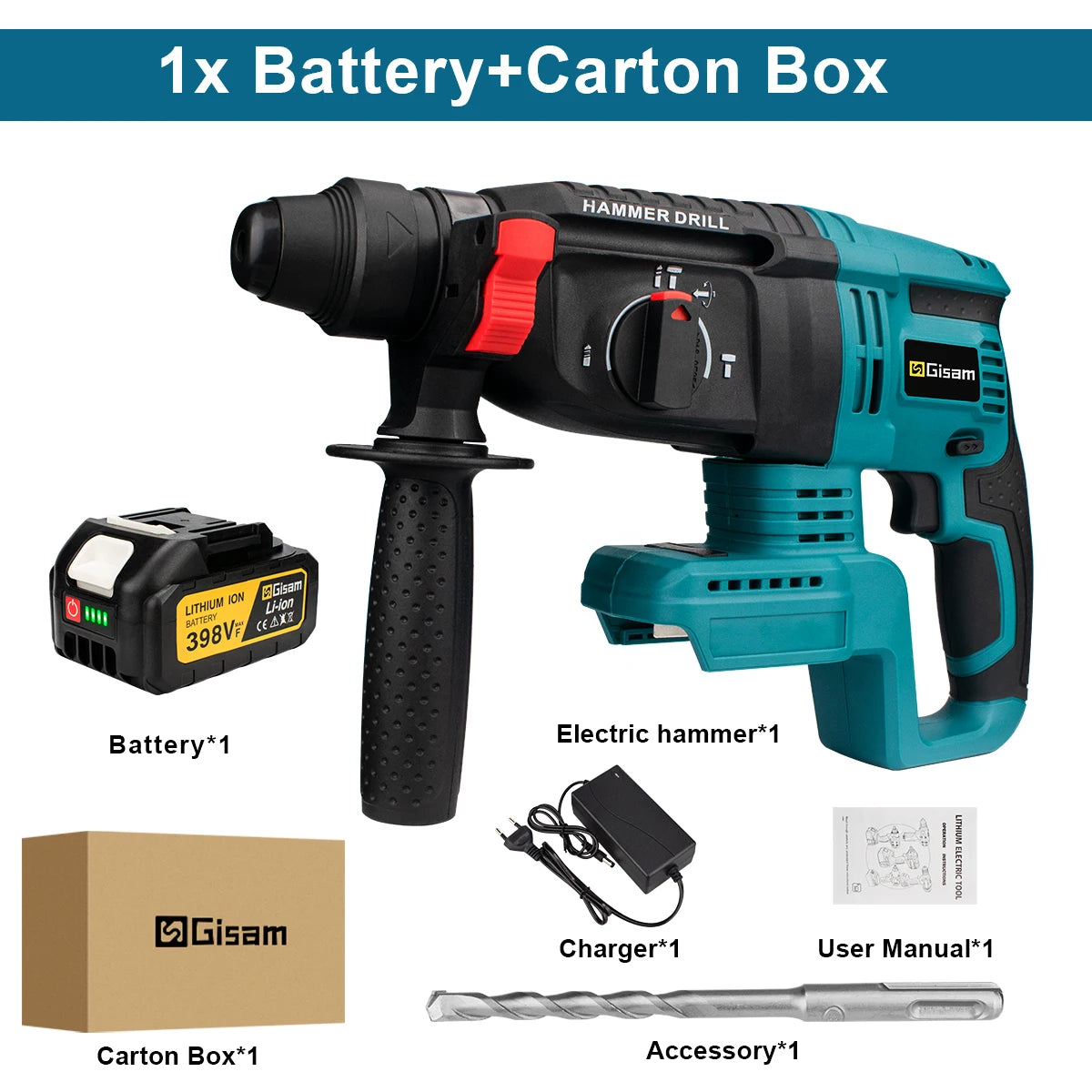 Gisam 1680W Borstelloze Elektrische Boorhamer 26MM Snoerloze Roterende Klophamer Houtbewerkingsgereedschap voor Makita 18V Accu