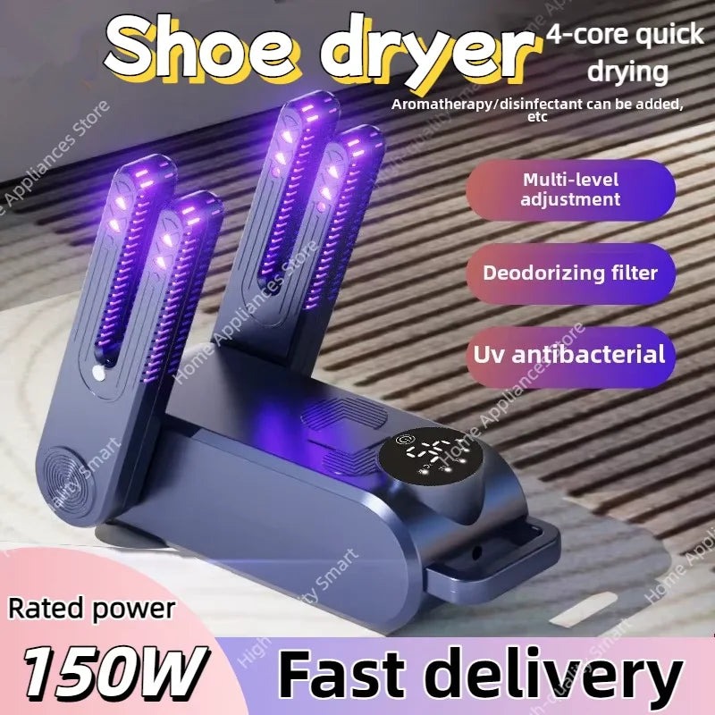 4-Core UV Shoe Dryer with 150W Deodorizing & Antibacterial Function, Multi-Speed Timing Control for Home Use