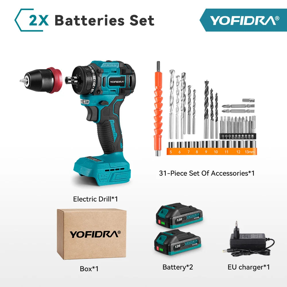 YOFIDRA Brushless Electric Drill Screwdriver 10MM Handheld Cordless Impact Drill Woodworking Power Tool For Makita 18V Battery