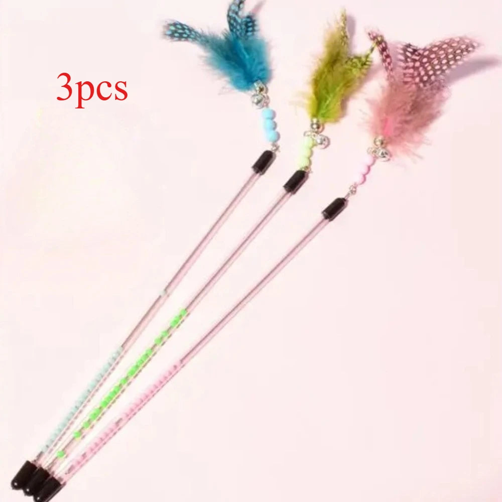 Lot de 3 jouets pour chat, canne à plumes pour chat avec manche rétractable, jouet interactif pour chat, accessoire pour chaton, produits pour animaux de compagnie