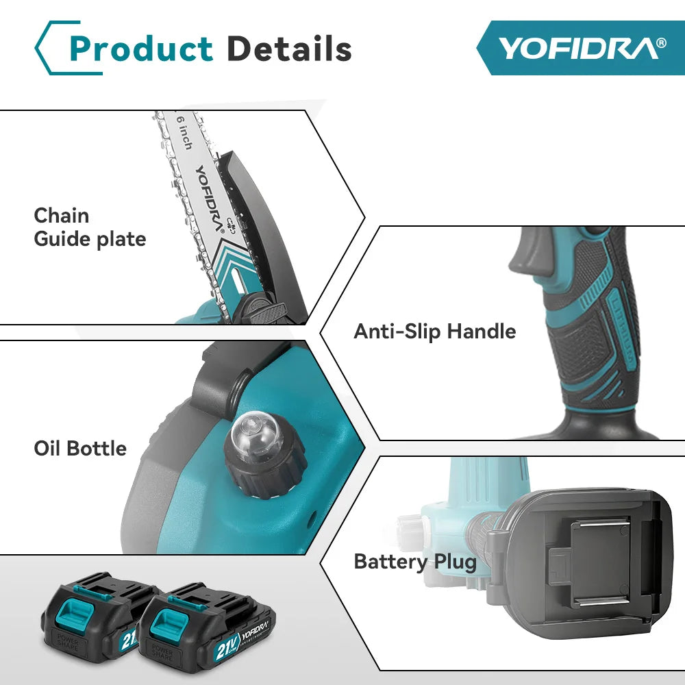 YOFIDRA 6 Inch Electric Chainsaw 30000RPM Portable Chain Saw Garden Woodworking Cutting Power Tool for Makita 21V Battery Pin