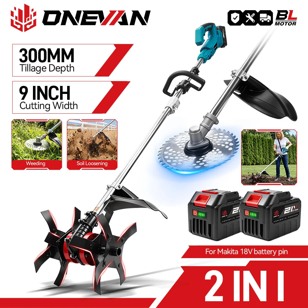 ONEVAN 2-in-1 Borstelloze Elektrische Grasmaaier Tuinfrees Accu Grastrimmer Tuingereedschap voor Makita 21V Accu Pin