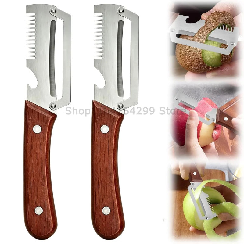 New Paring Knife Ergonomic Wood Handle Knife Stainless Steel Vegetable Peeler with Wooden Handle 2-in-1 Fruit Potato Peeler