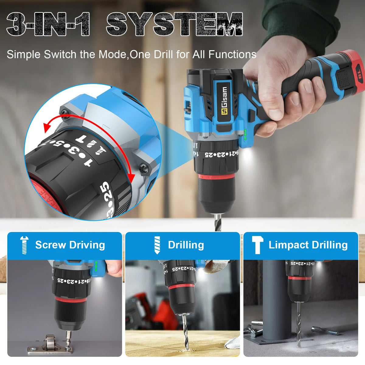 Perceuse à percussion électrique sans balais Gisam 95NM, couple 25+3, tournevis électrique sans fil 3 en 1, outils électroportatifs pour le bricolage à domicile