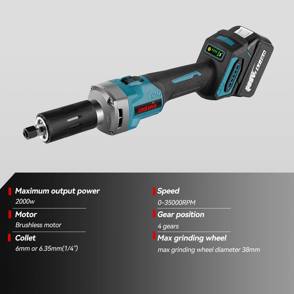 ONEVAN 35000RPM Borstelloze Elektrische Rechte Slijpmachine 2000W 4 Versnellingen Instelbaar Snoerloos Polijst Roterend Gereedschap voor Makita 18v Accu Pin