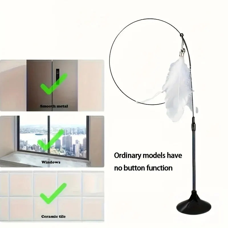 A cat toy with a feather attached to a flexible rod and a circular hoop, designed to be stood upright.