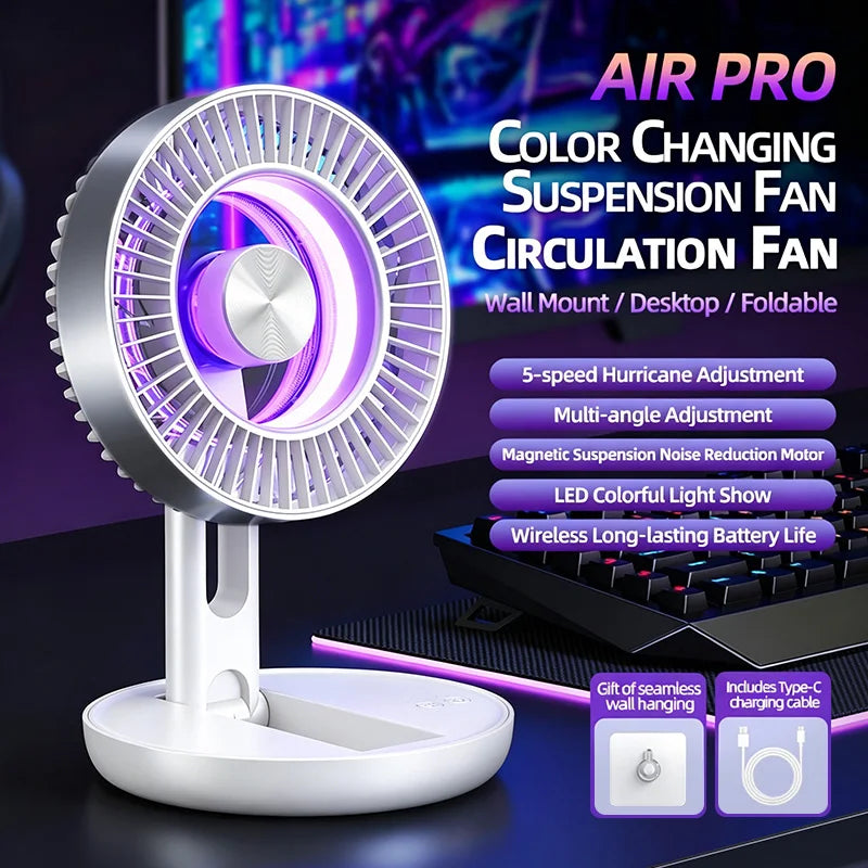 Foldable Desk Fan High-Speed Levitation Circulation Fan With 5-Speed Adjustment LED Ambient Light Foldable Electric fan Type-C