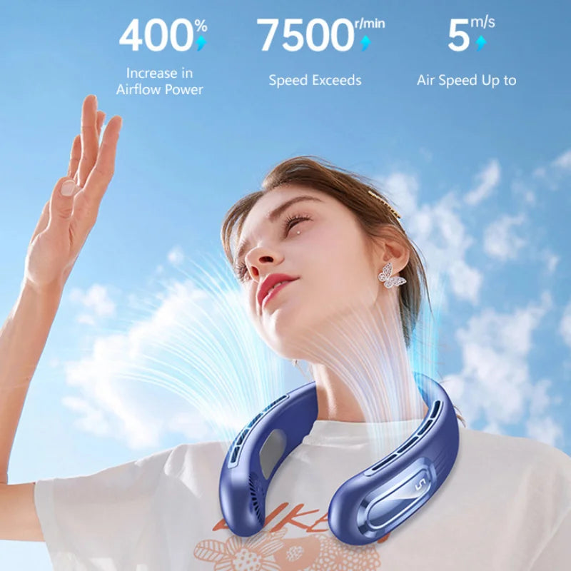 Ventilateur de cou suspendu Lenovo, chargement USB, mains libres, portable pour l'extérieur, silencieux, 5 vitesses, turbo, sans pales, mini ventilateur, batterie ultra longue durée